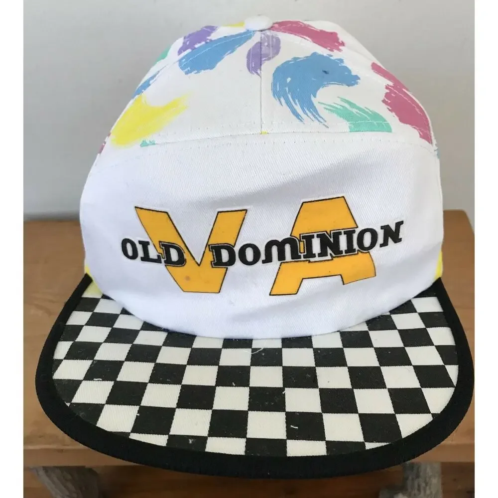 Vtg 90s Old Dominion VA Virginia Checkered Vaporwave Adjustable Cotton Cap Hat